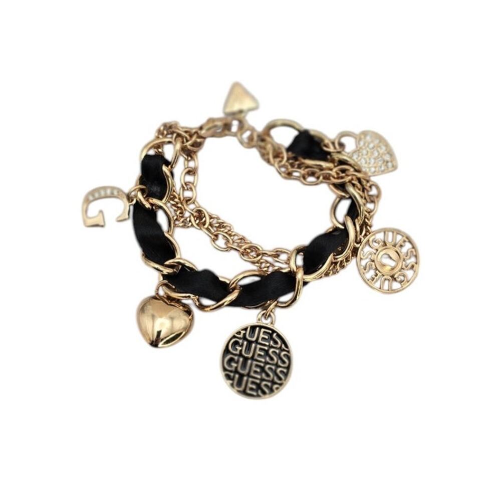 Guess Gold Heart Charm Bracelet with Black Ribbon Detail - Y2k Glam